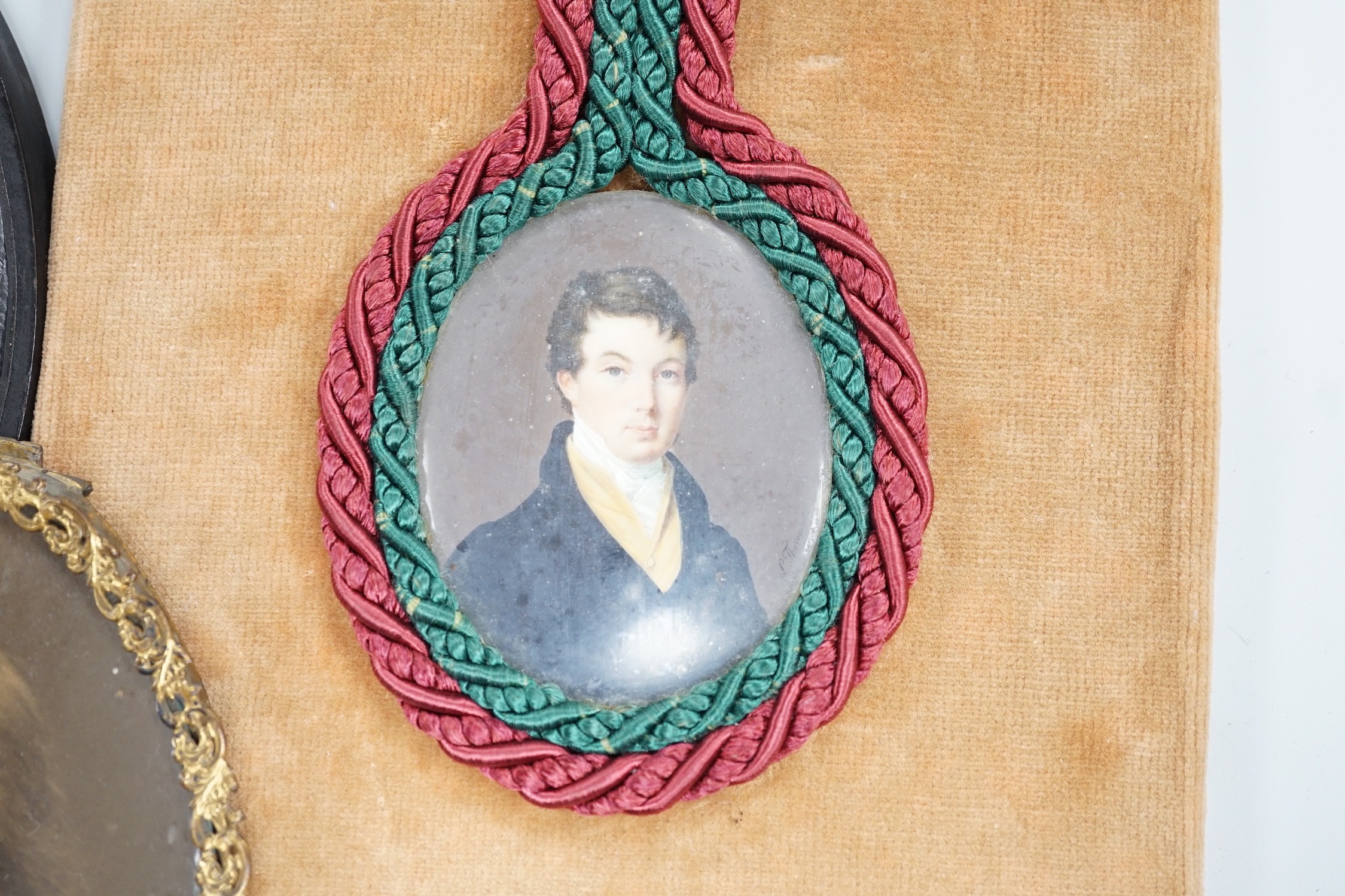 Continental School, 18th century, portrait miniature on ivory, Portrait of a Lady in a red dress, together with six other portraits. To include the subject of military interest: a portrait watercolour of General Isaac Br